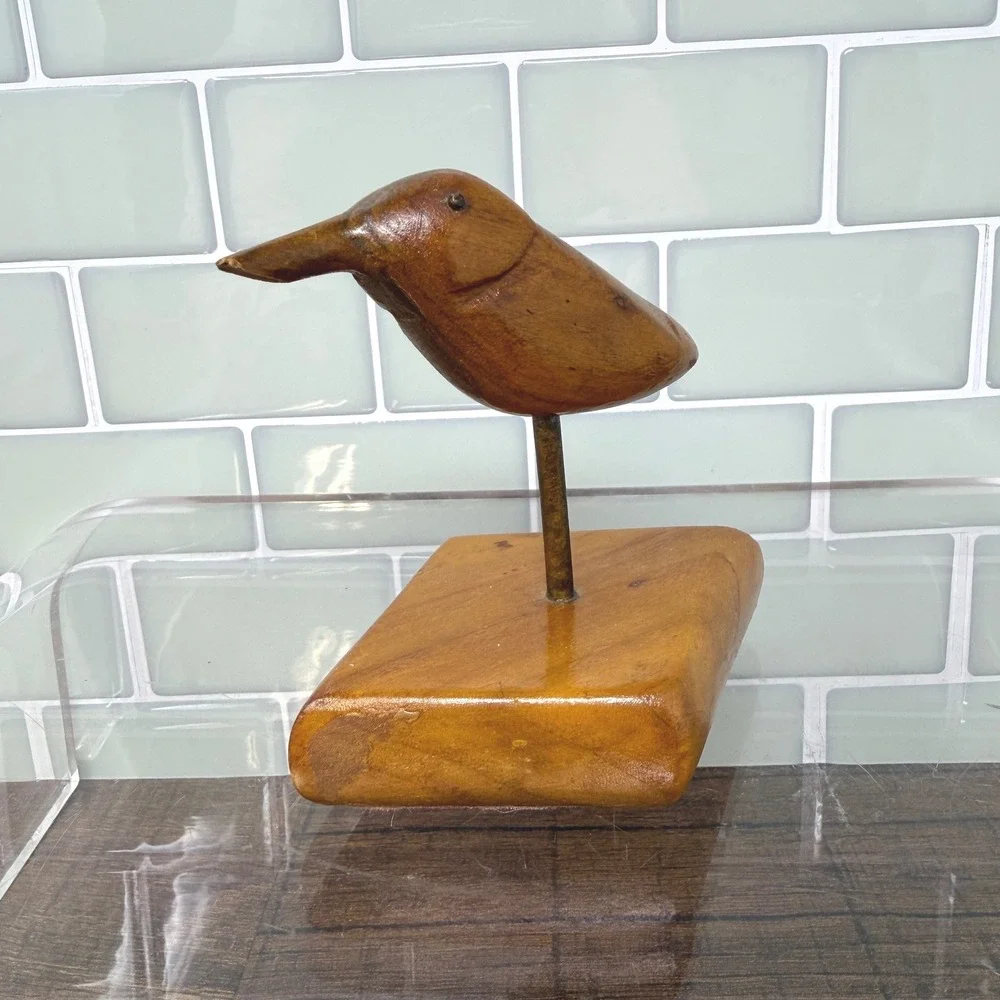 Mid Century Modern Inspired Carved Wooden Bird Statue Figurine Tabletop Accent
